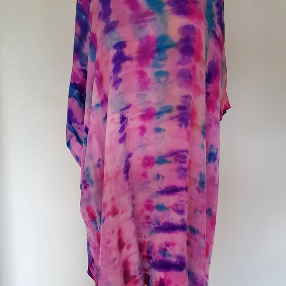 Silk Caftan Kaftan beach coverup resortwear midi S M L XL pink purple tie dyed - Picture 10 of 10